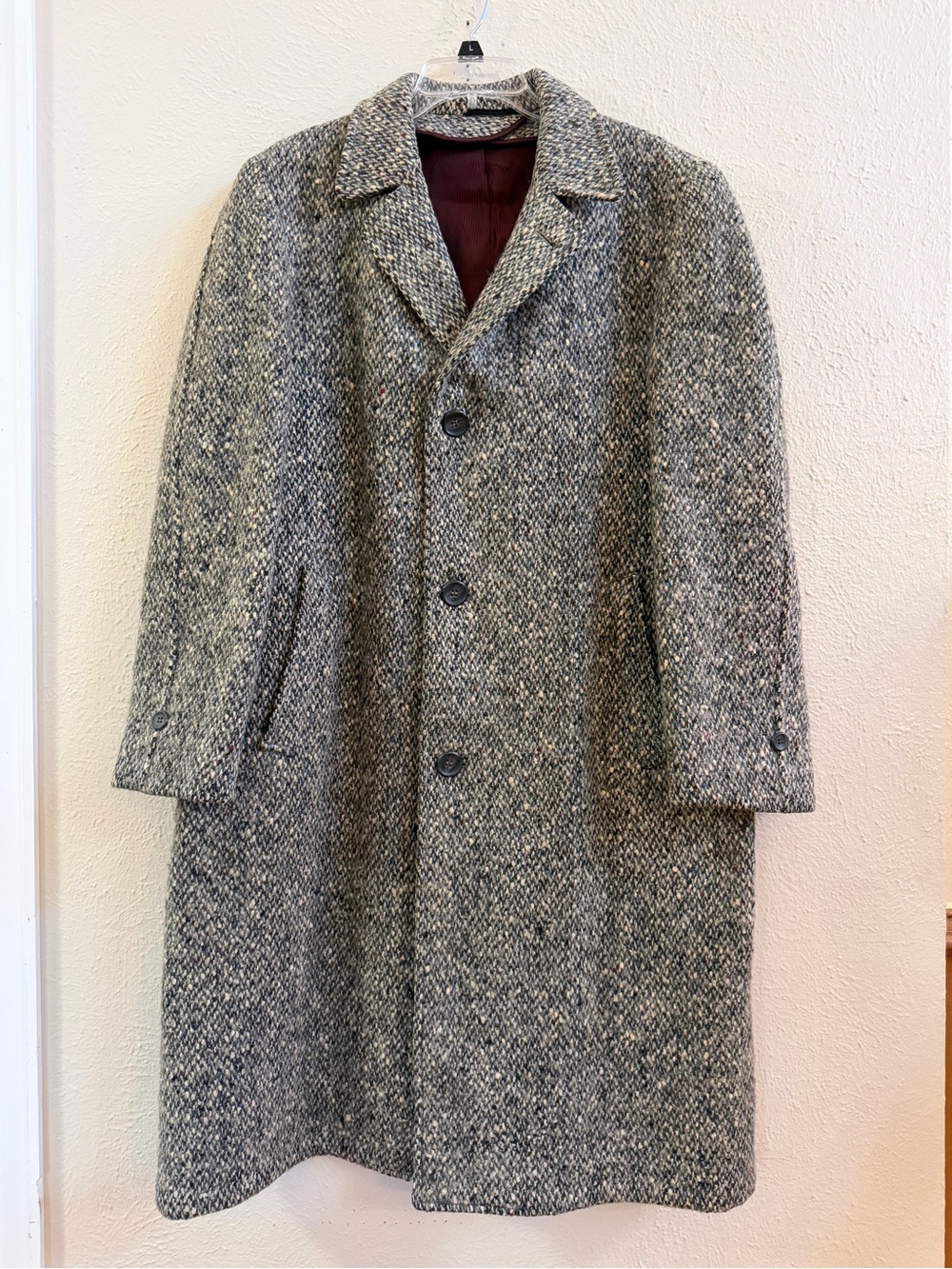 Vintage gray wool tweed herringbone overcoat